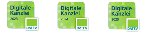 Logos der Zertifizierung „Digital Kanzlei“ von 2023, 2024 und 2025